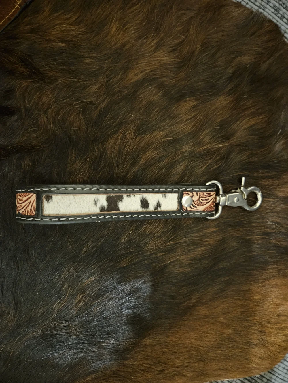 Leather Hair-On Key Fob with Brown & Cream Cowhide Accent